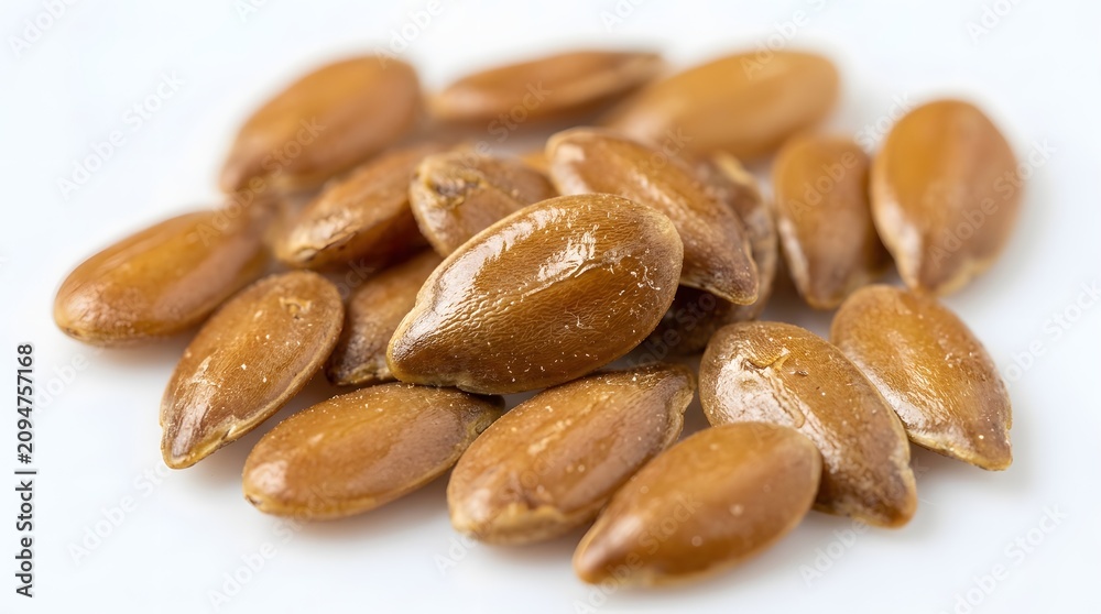 Obraz premium Flaxseeds close up macro, golden brown, white background, extreme detail 
