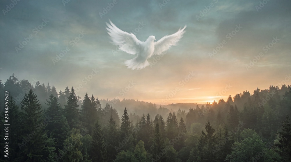 Obraz premium A serene white dove shaped cloud soaring gracefully above a mist covered evergreen forest during a warm golden sunrise in a tranquil morning landscape