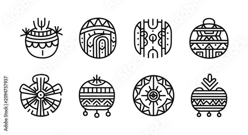 Foto Set of tribal abstract icons, ethnic patterns, minimalist outline vector art