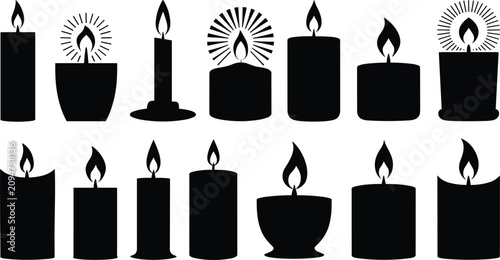 Obraz na płótnie Burning Candle Silhouette Vector Icon Set Featuring Various Shapes Flame Glow El