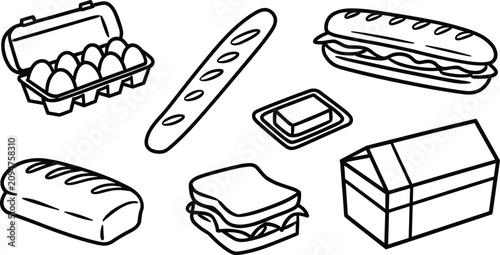 Photos Breakfast Food and Bakery Products Line Art Vector Set with Bread, Eggs, Sandwic