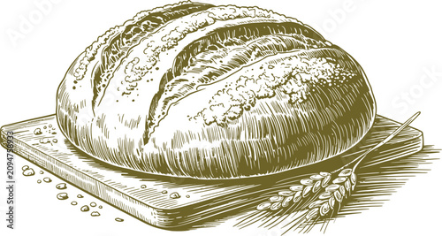 Quadro em tela Artistic bread illustration, crusty loaf, wheat ears, baking elements, food icon