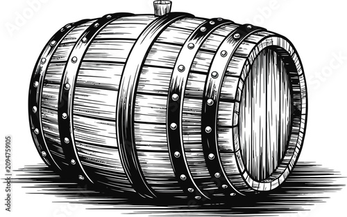 Vintage wooden barrel, rustic wine cask, black and white illustration, vector barrel icon