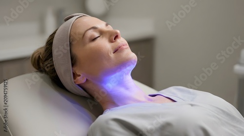 Woman receiving facial LED light therapy treatment in a clinic