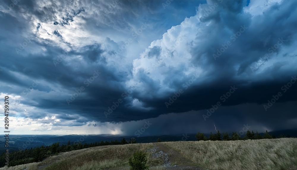 Fototapeta premium Dramatic Dark Blue Thunderclouds Dark Stormy Sky With Rainy Clouds Typhoon Sky Timelapse
