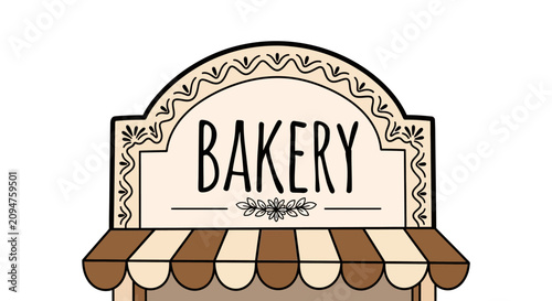 Quadro su tela Charming Bakery Sign with Striped Awning - Vintage Style Shop Facade