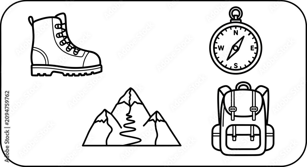Fototapeta premium Hiking Gear Icons: Boot, Backpack, Compass, Mountains - Outline Style