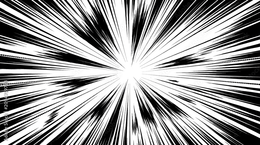 Fototapeta premium Black white comic manga speed line radial burst isolated abstract action zoom dynamic motion design element.
