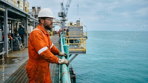 Engineer in protective gear observing operations on a marine platform