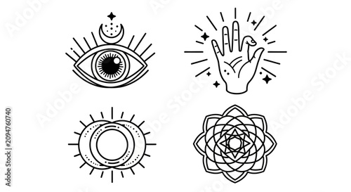 Canvas Print Esoteric Symbols: Eye, Hand, Sun Moon, Mandala - Black and White Line Art Icons