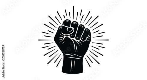 Foto Black silhouette of a clenched fist with radiating lines on a white background