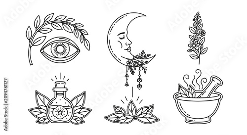 Foto Mystical Esoteric Symbols: Moon, Eye, Potion, Mortar, Herbs, Branches - Line Art