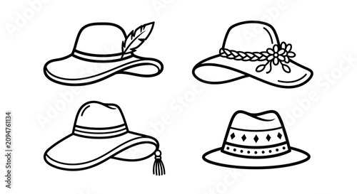 Tableau sur toile Collection of four elegant women's hats with decorative elements, hand-drawn sty