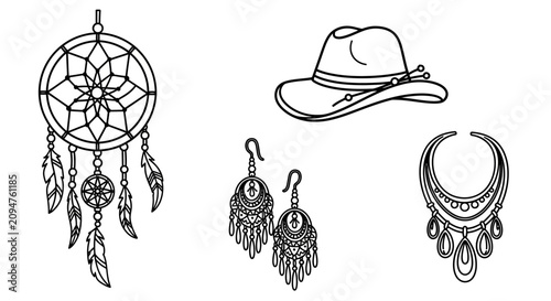 Fotografía Bohemian Accessories: Dreamcatcher, Cowboy Hat, Earrings, Necklace - Line Art