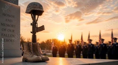 Fallen soldier's boots, rifle, and helmet memorial at sunset with honor guard and flags in the background, honoring heroes.