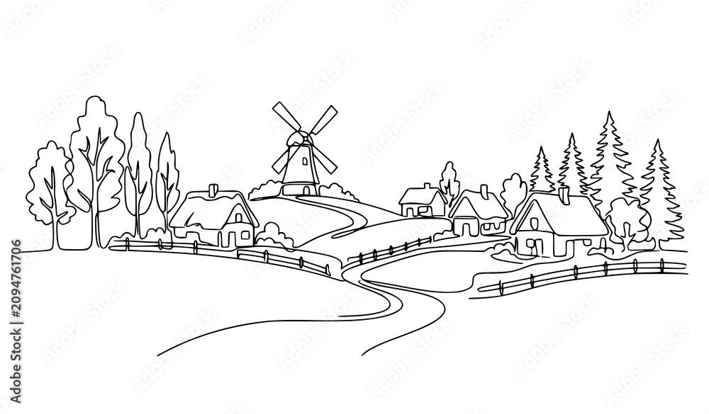 Fototapeta premium Countryside Village Line Art Vector One Line Windmill House Landscape Illustration for Rural Minimal Design