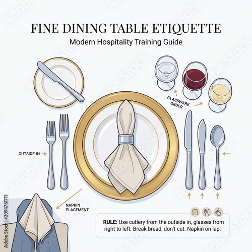 Create an elegant educational infographic explaining fine dining table etiquette with properly arranged cutlery