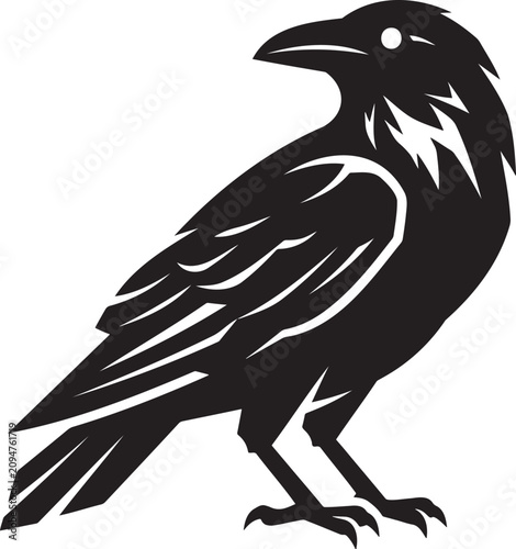 Black raven bird vector illustration standing side view isolated on white background minimalist crow silhouette icon design element for halloween gothic themes wild nature mascot or dark bird emblem s