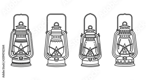 Foto Vintage kerosene lantern line art illustration, old-fashioned oil lamp drawing