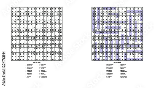 фотографія Summer word search activity sheet with puzzle and answers