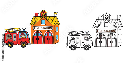 Tableau sur toile Cute Cartoon Fire Station and Fire Truck Colored and Outline Coloring Page Illus