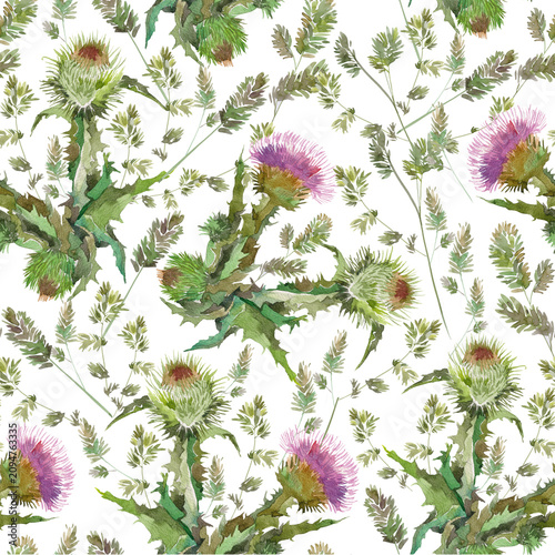 Fotografie seamless watercolor pattern of purple Scottish thistles and wild meadow grasses
