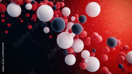 Abstract composition of floating red, white, and black spheres on a gradient background, creating a dynamic and futuristic visual effect.
