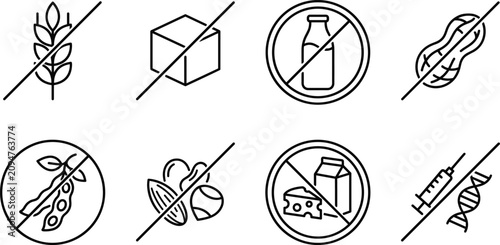 Cuadro en lienzo Food allergen free restrictions and dietary product intolerance line icon set ve