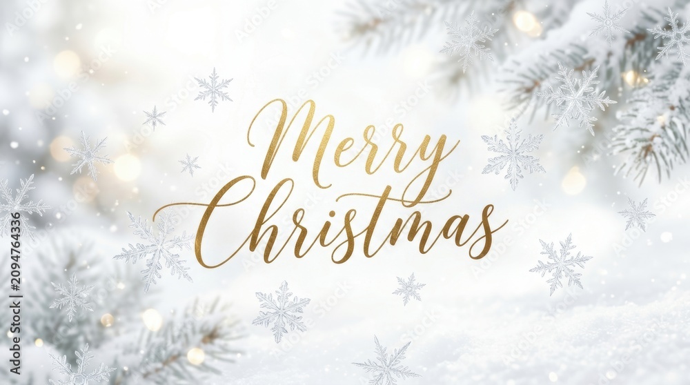 Obraz premium Elegant gold calligraphy wishing Merry Christmas amidst snowy winter scene
