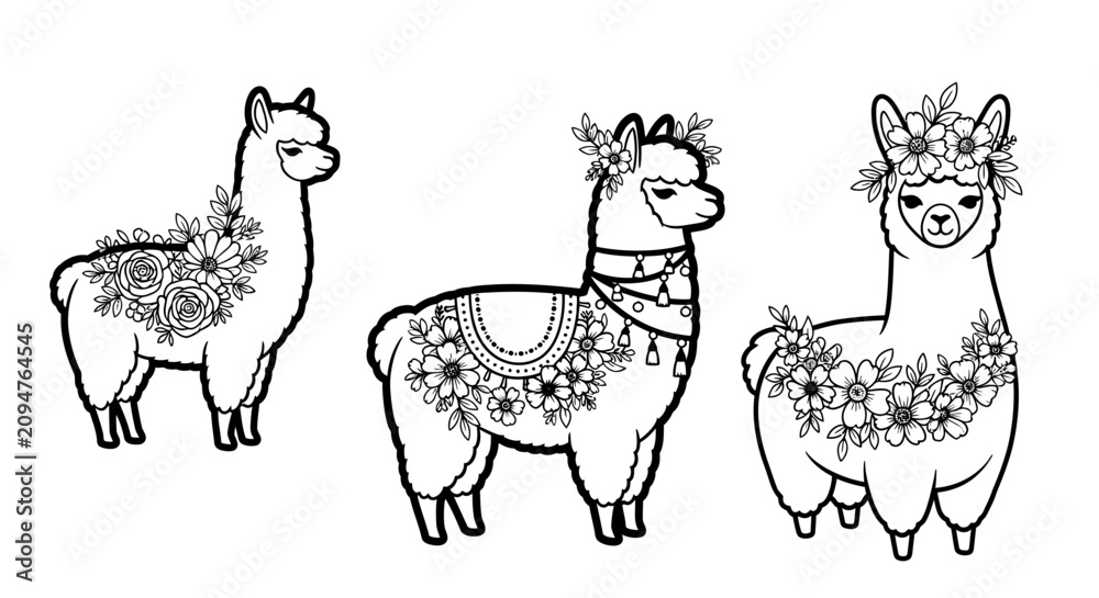 Fototapeta premium Three Decorative Llamas with Floral Embellishments, Line Art Illustration