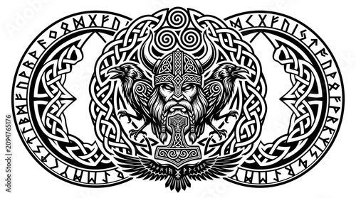 Foto Odin's Symbol: Norse God, Ravens, Thor's Hammer, Runes, Celtic Knot