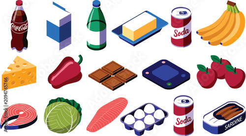 Isometric Grocery and Everyday Food Vector Icon Set with Soda Cans, Milk, Cheese, Fruits, Vegetables, Meat, and Canned Sardines for Retail Graphics