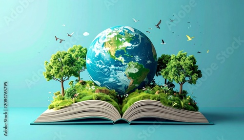 Open Book with Earth Globe and Nature for Global Learning Concept