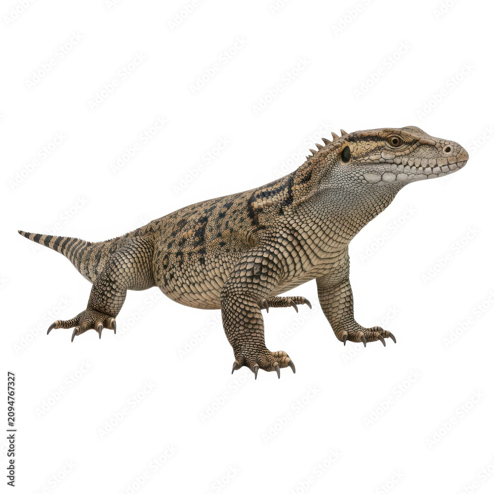 Fototapeta premium A detailed illustration of a monitor lizard standing on a plain white background.
