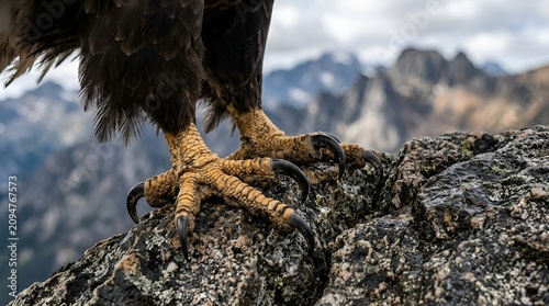 Golden eagle talons gripping rocky mountain perch, sharp claws, fierce predator