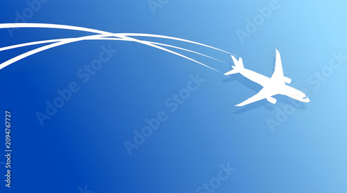 Silhouette of an airplane flying through a clear blue sky with contrails trailing behind creating a dynamic and modern aviation scene with vibrant lighting