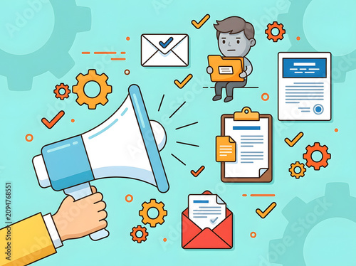 Digital marketing concept with a hand holding a megaphone surrounded by communication icons documents gears and a person with a tablet on a colorful background