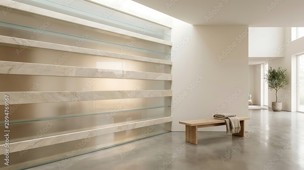 Fototapeta premium Modern interior hallway featuring floating marble shelves against frosted glass backlit wall and wooden bench with blanket in bright airy minimalist home space.