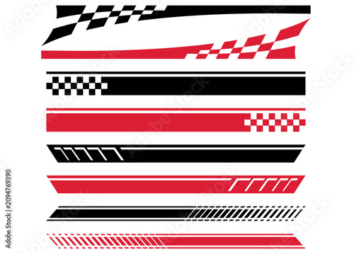 Set of abstract racing car side decals with checkered flags and speed stripes in red and black.