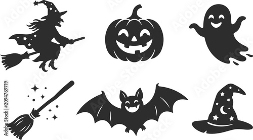 Schilderij op canvas Halloween icons set including witch, pumpkin, ghost, broom, bat, and hat isolate
