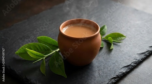 Hot steaming masala chai made from premium ctc tea served in a traditional clay kulhad cup with fresh green tea leaves on a dark stone background.