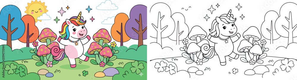 Fototapeta premium Cute Rainbow Unicorn in a Magical Forest with Glitter Mushrooms and Smiling Sun