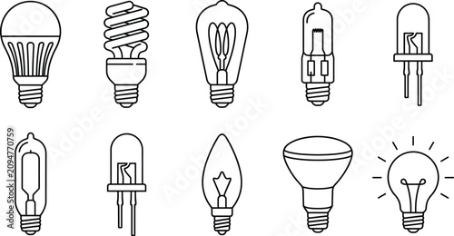 Cuadro en lienzo Electric light bulb types and energy saving lamp line icon set vector illustrati