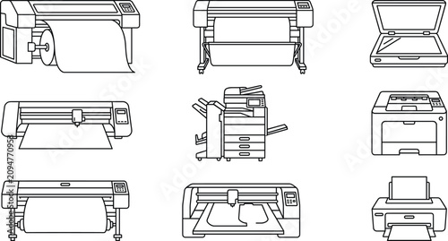 Fotografía Professional printing house and office equipment line icon set vector illustrati