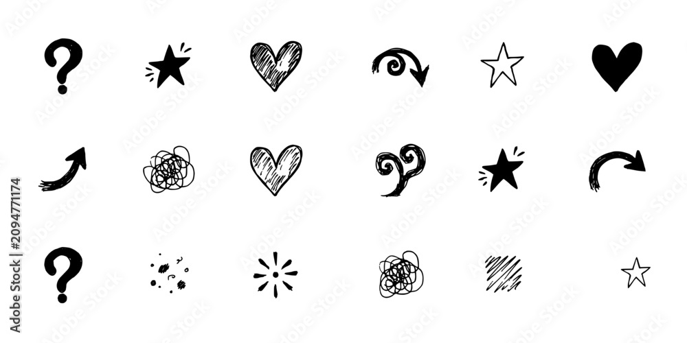 Fototapeta premium Symbols Featuring Question Marks, Stars, Hearts, Arrows, and Doodles in Black and White Featuring Symbol, Mark, Star with Heart