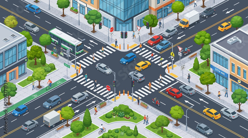 Isometric City Intersection with Traffic and Pedestrians