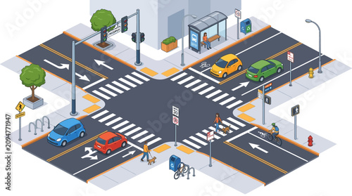 Isometric City Intersection with Traffic, Pedestrians, and Bus Stop