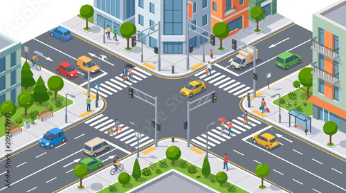 Isometric City Traffic Intersection with Cars, Pedestrians & Buildings