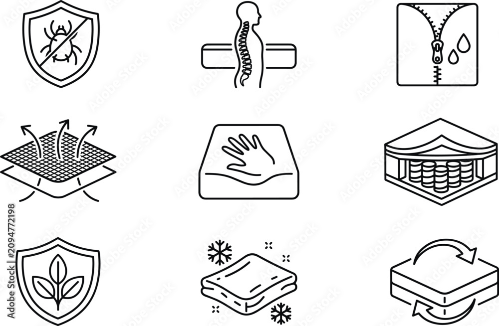 Fototapeta premium Orthopedic mattress properties and bed material line icon set vector illustration featuring orthopedic foam memory spring