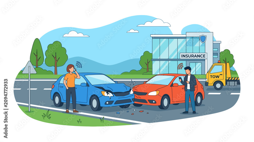 Obraz premium Car Accident Scene, People Calling For Help, Tow Truck At Insurance Office